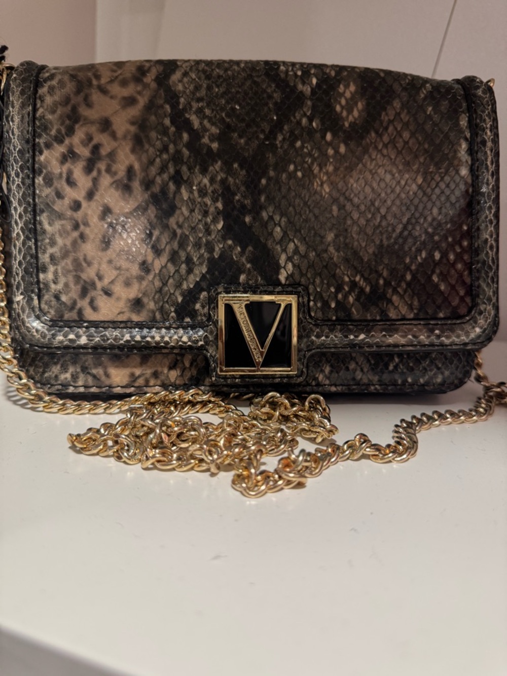 Victoria's Secret Black and Brown Snake-Print Crossbody with Gold Chain
